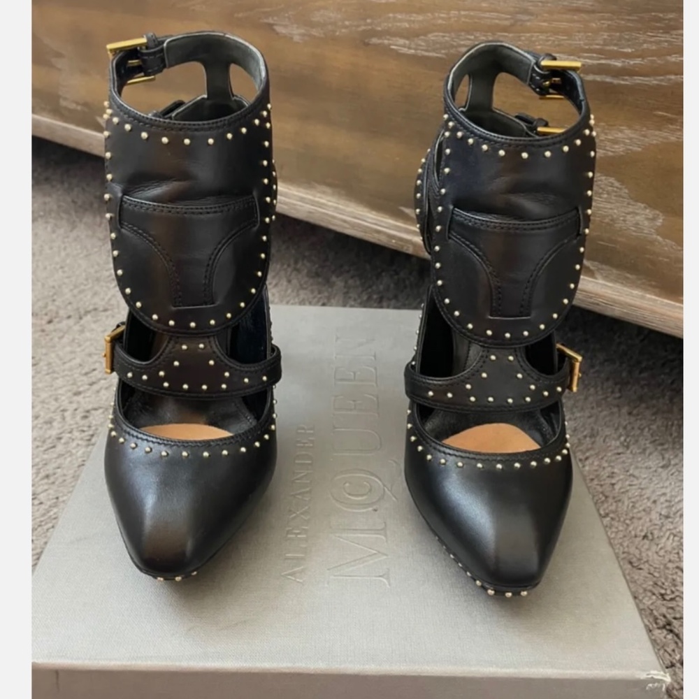 ALEXANDER McQUEEN Black Gold Studded Buckle Scarpa Pelle Cuoio Size 8 1/2